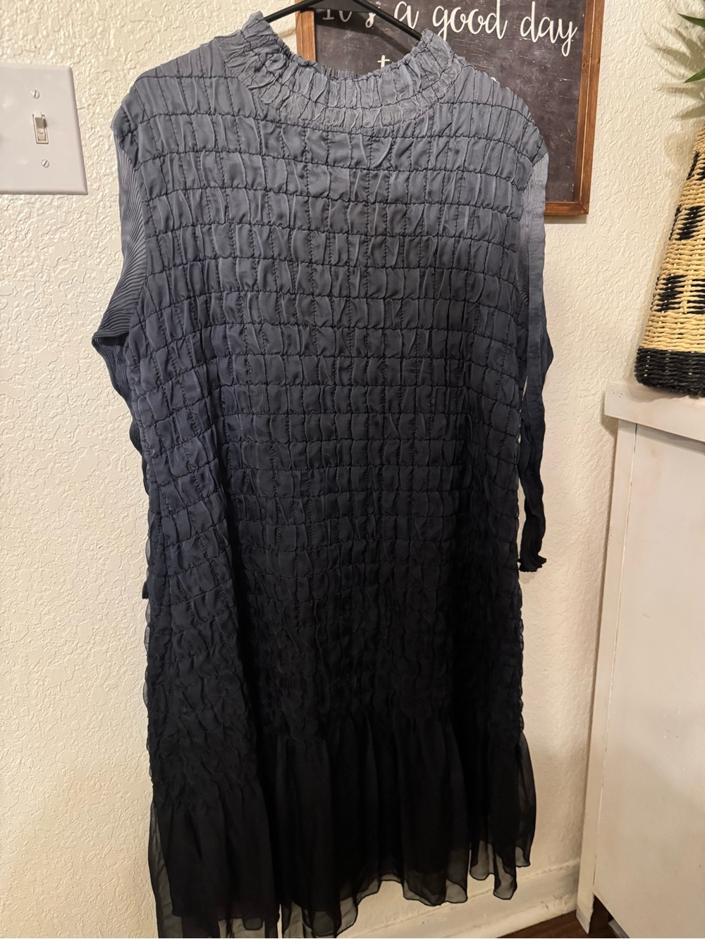 Long Sleeve Textured Navy Midi Dress